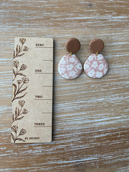 Soft tan and white floral handmade polymer clay earrings