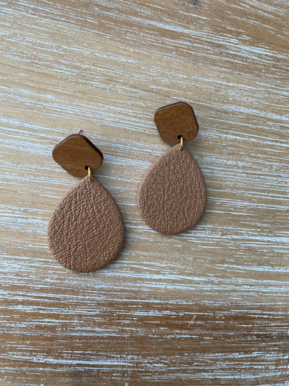 Brown faux leather texture teardrop earrings