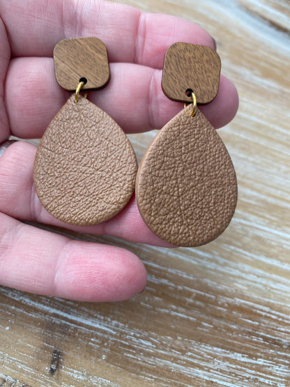 Brown faux leather texture teardrop earrings