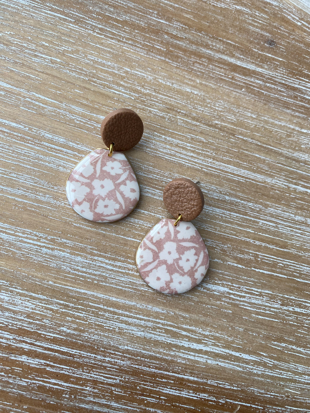 Soft tan and white floral handmade polymer clay earrings
