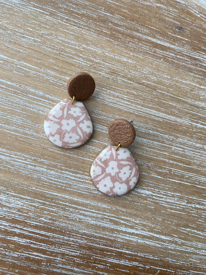 Soft tan and white floral handmade polymer clay earrings