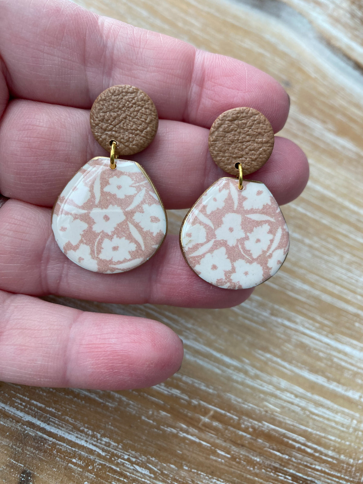 Soft tan and white floral handmade polymer clay earrings