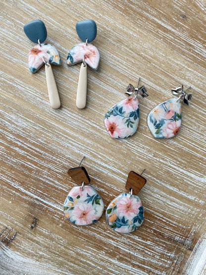 Soft pink and blue floral handmade polymer clay earring collection