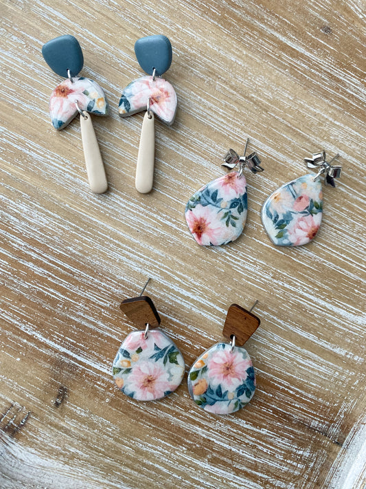 Soft pink and blue floral handmade polymer clay earring collection
