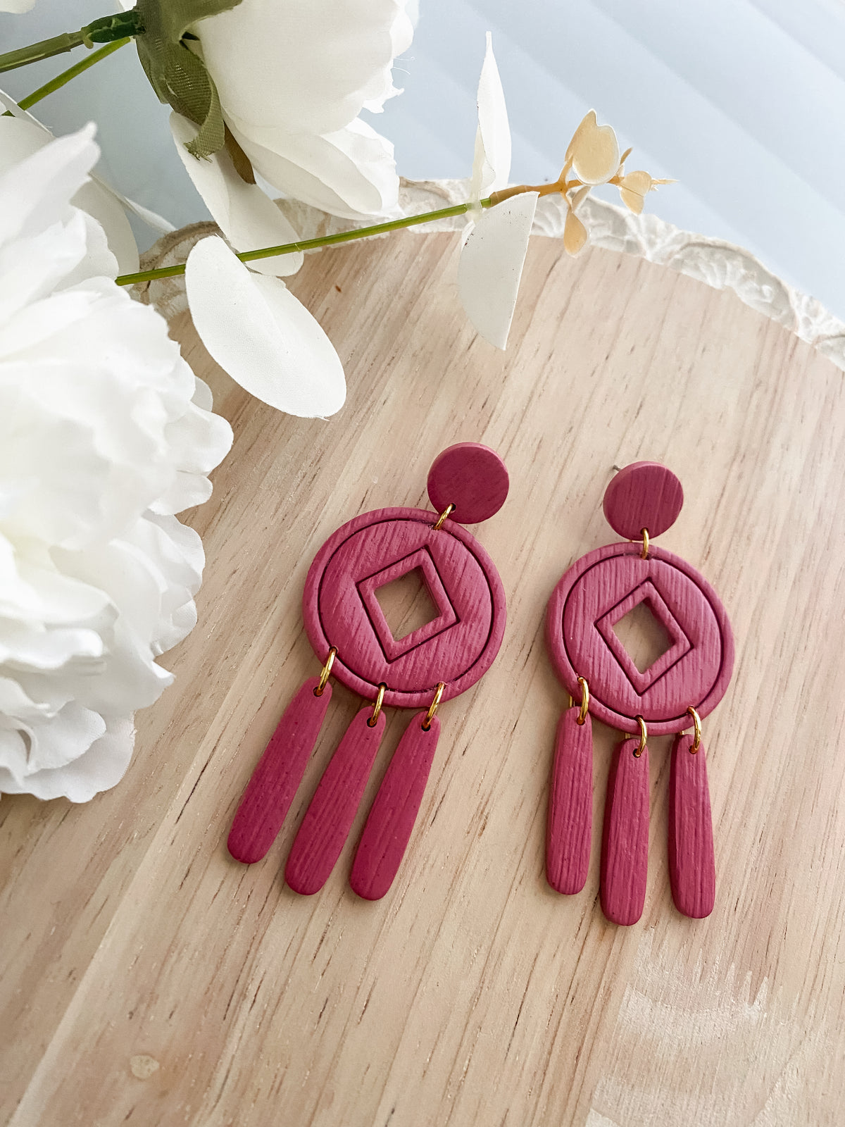 Maroon circle dangle handmade polymer clay earrings