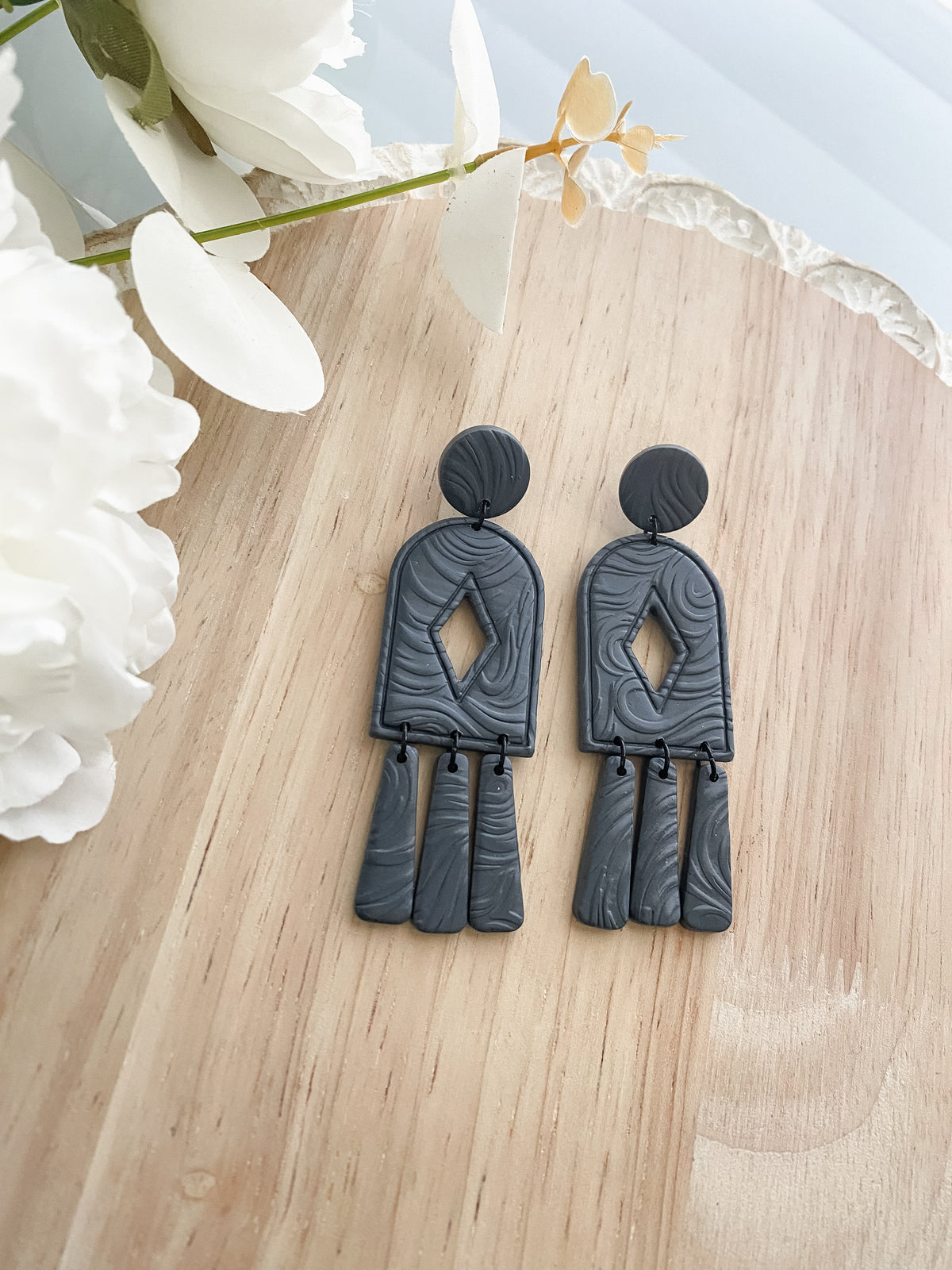 Dark grey textured handmade polymer clay earrings