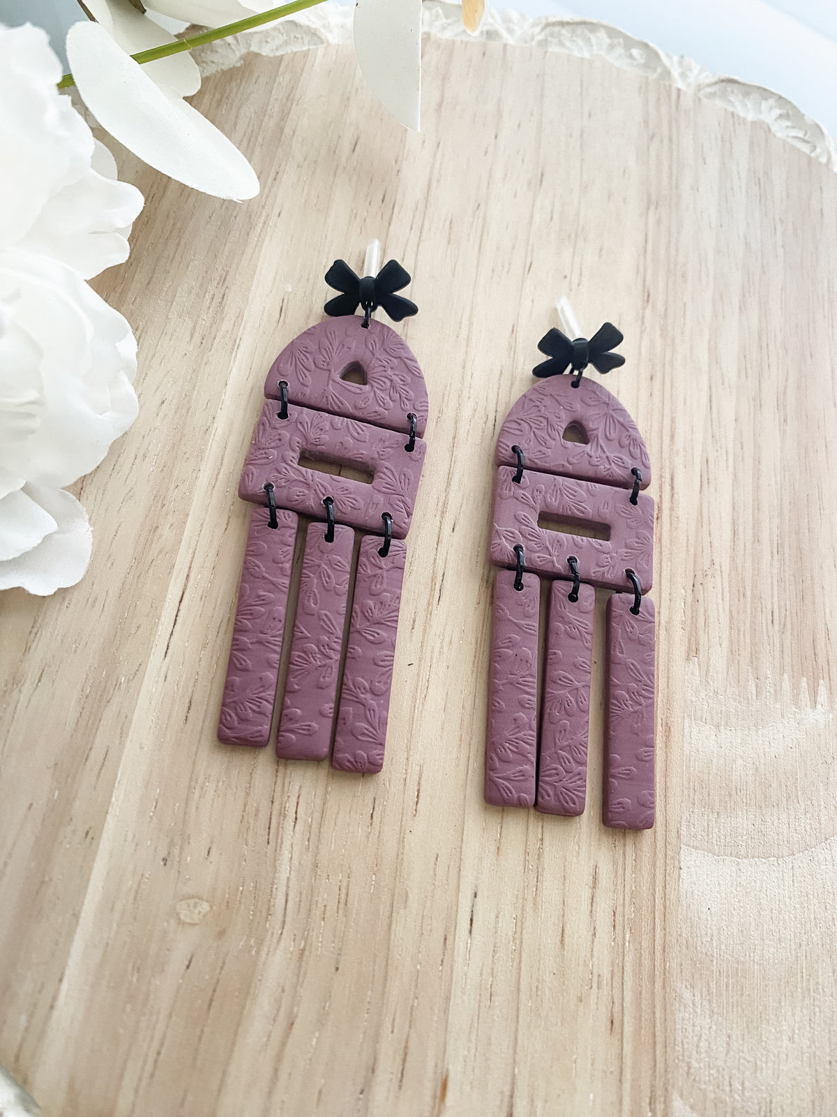 Mauve dangle handmade polymer clay earrings
