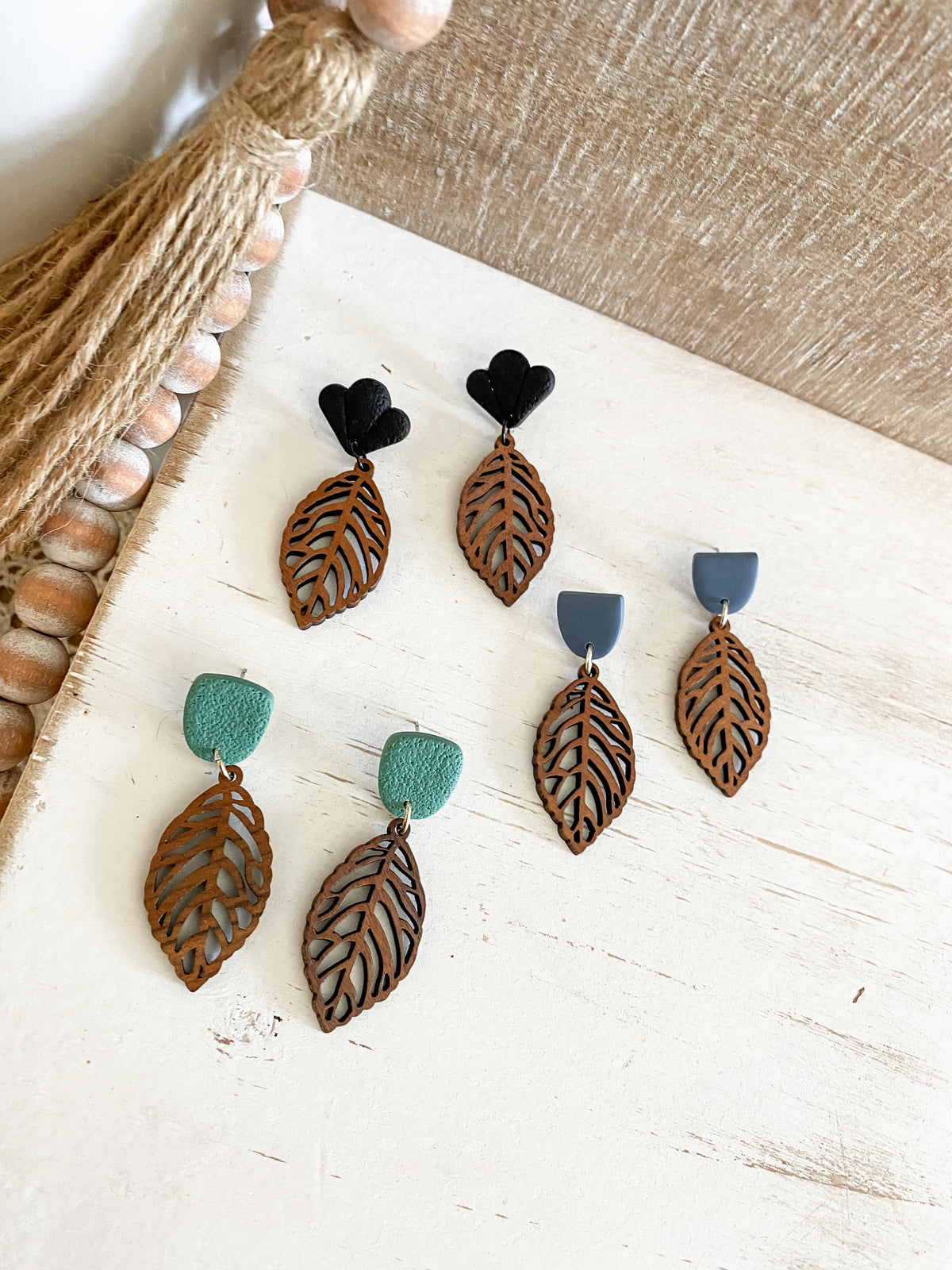 Walnut leaf polymer clay earring collection