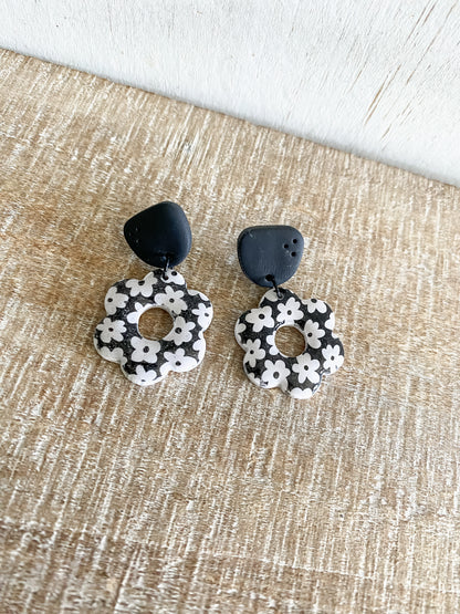 Black floral dangles