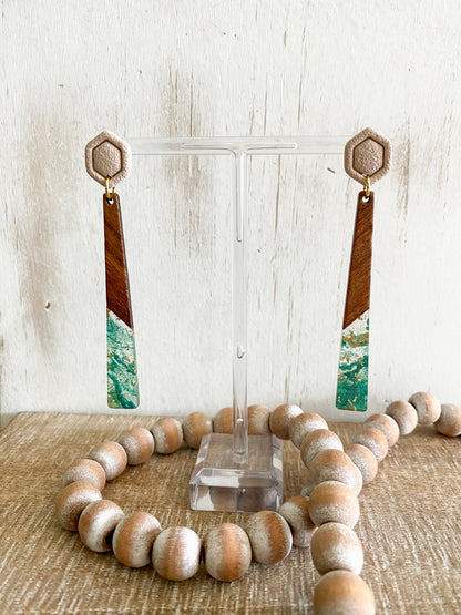 Green and gold resin and walnut polymer clay earrings collection