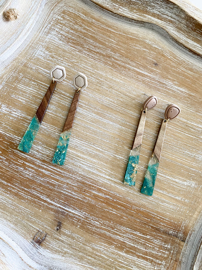 Green and gold resin and walnut polymer clay earrings collection