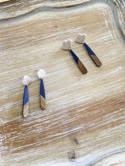 Navy blue resin & walnut earrings