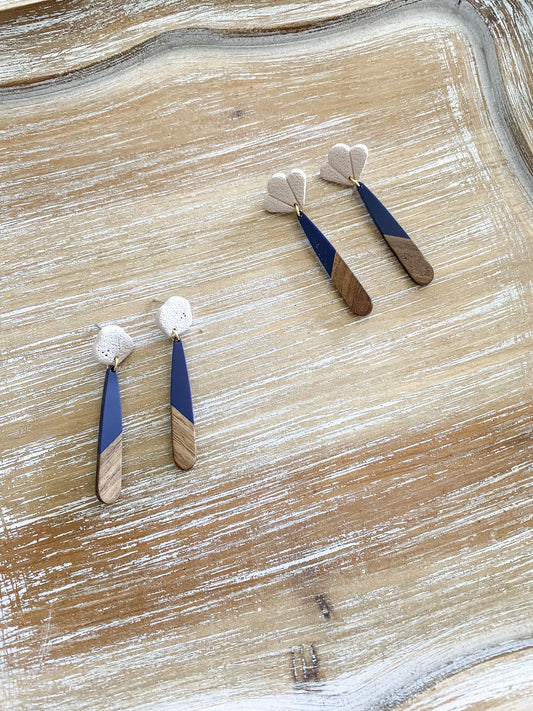 Navy blue resin & walnut earrings