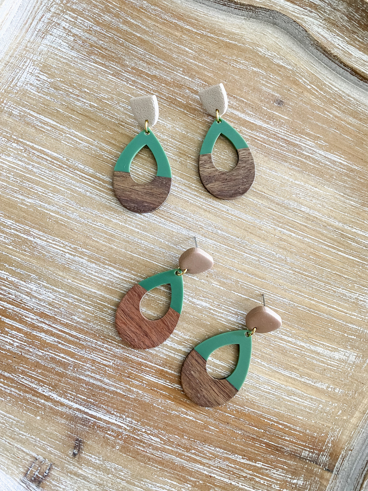 Green resin & walnut polymer clay earrings collection