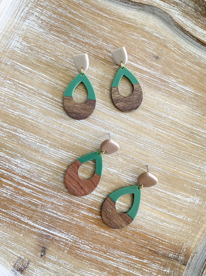 Green resin & walnut polymer clay earrings collection