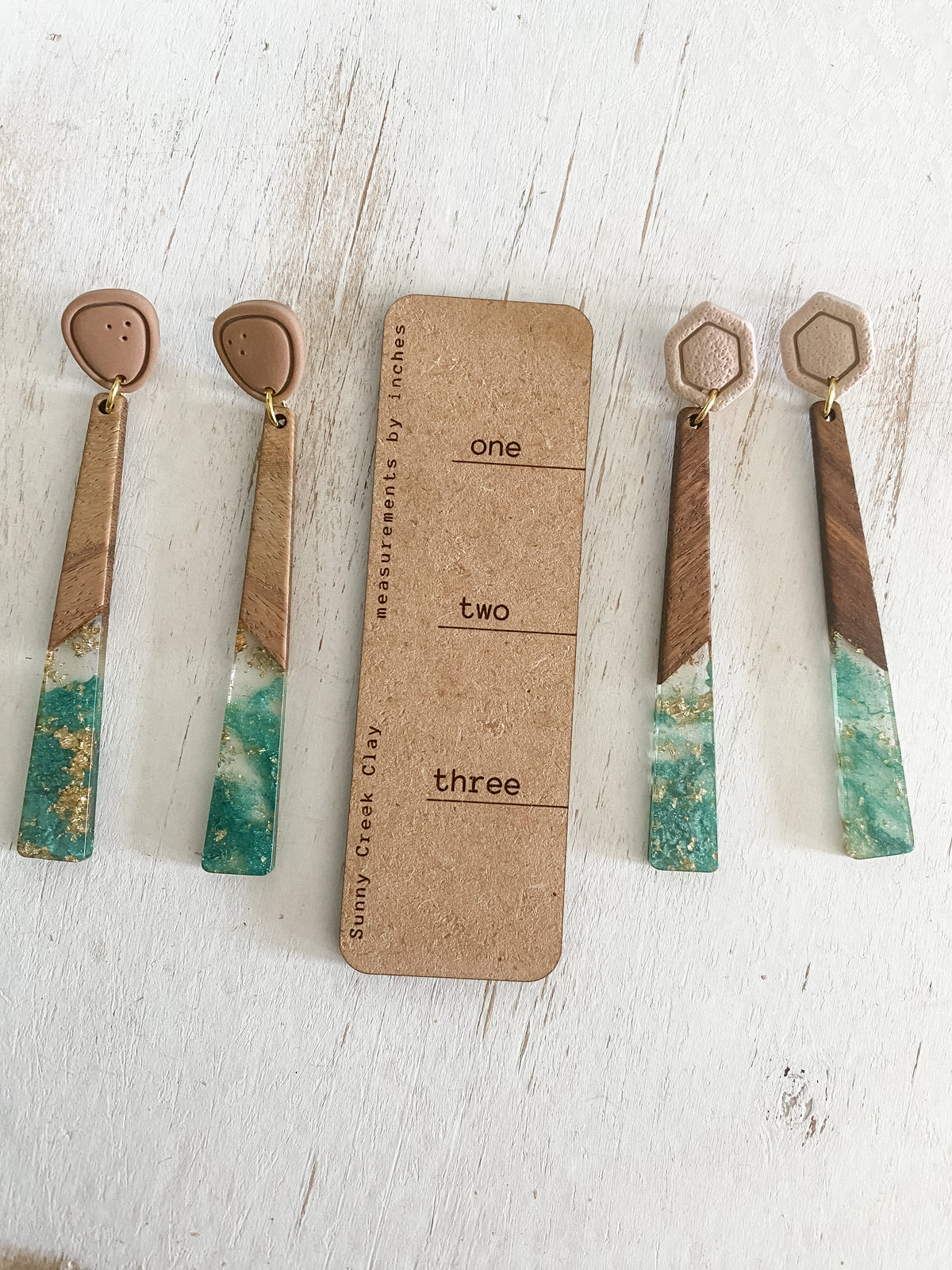 Green and gold resin and walnut polymer clay earrings collection