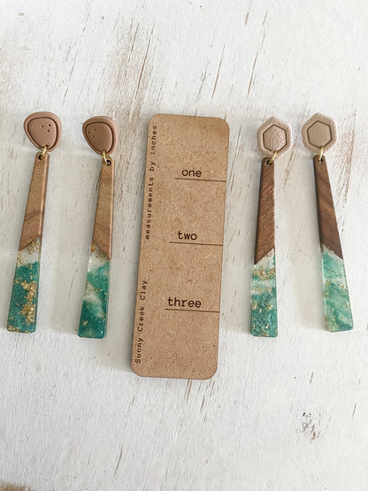 Green and gold resin and walnut polymer clay earrings collection