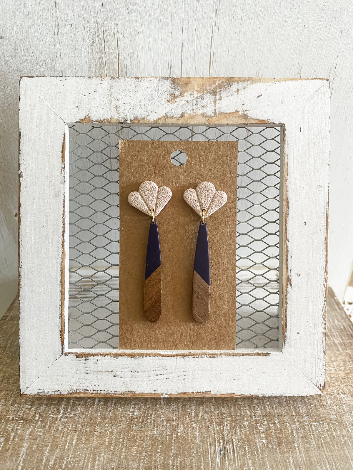 Navy blue resin & walnut earrings