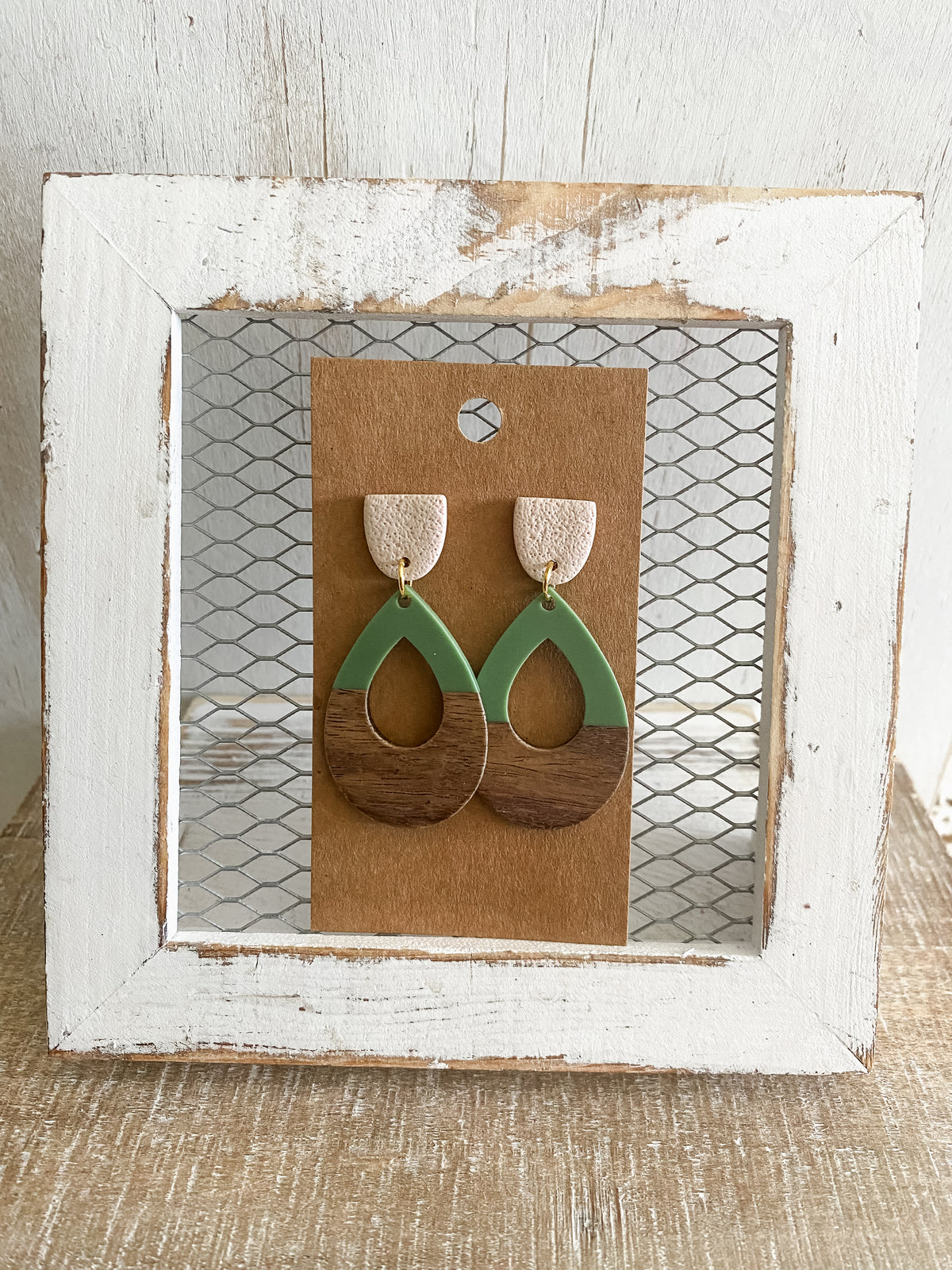 Green resin & walnut polymer clay earrings collection