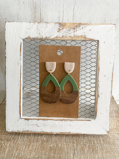 Green resin & walnut polymer clay earrings collection