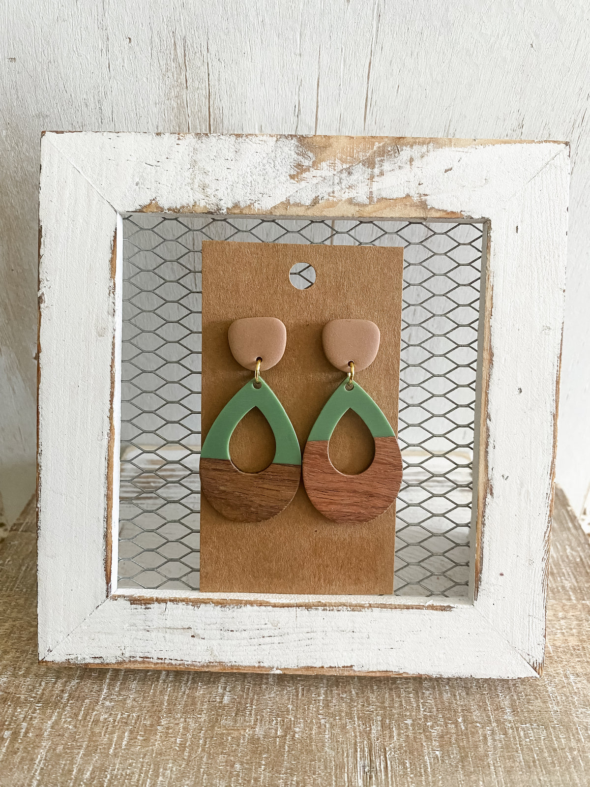 Green resin & walnut polymer clay earrings collection