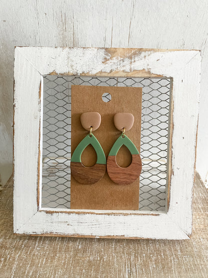 Green resin & walnut polymer clay earrings collection