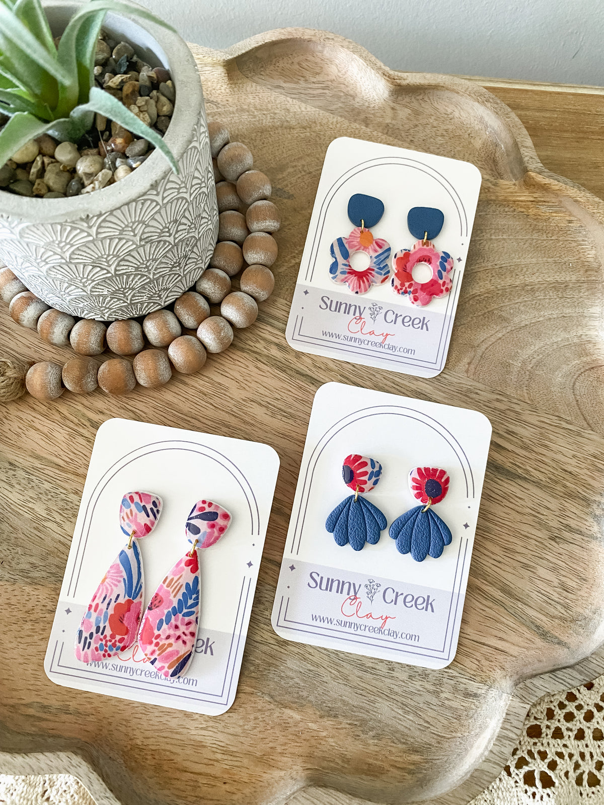Pink & blue floral handmade polymer clay earring collection