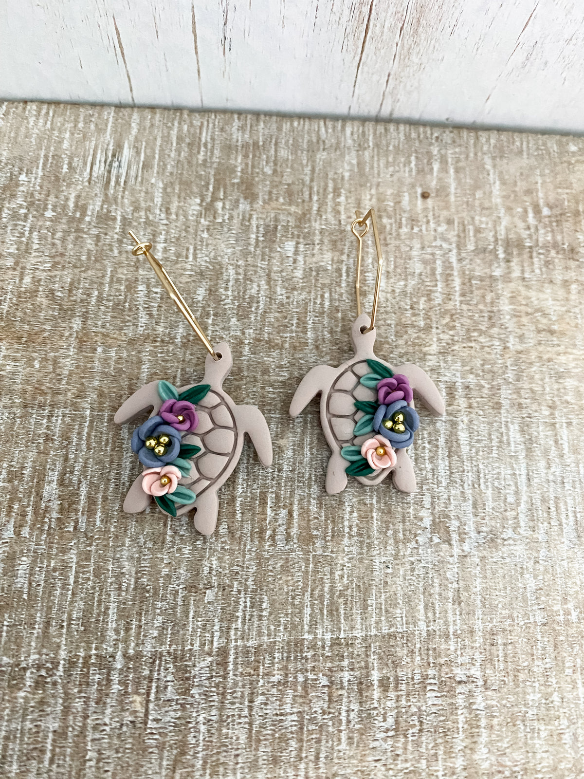 Tan handmade floral handmade polymer clay turtles