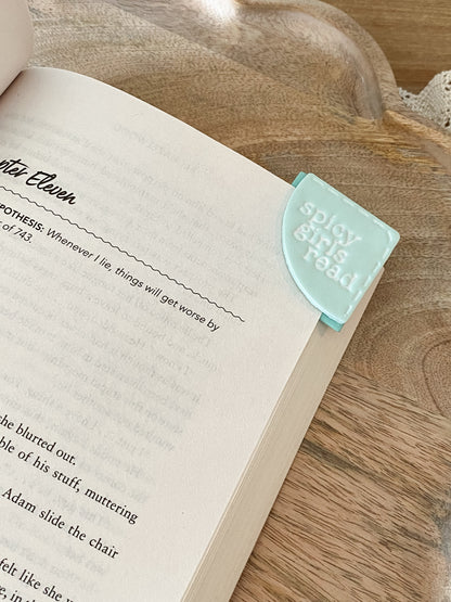 Teal Spicy Girls Read handmade polymer clay corner bookmark