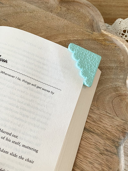 Teal scalloped handmade polymer clay corner bookmark