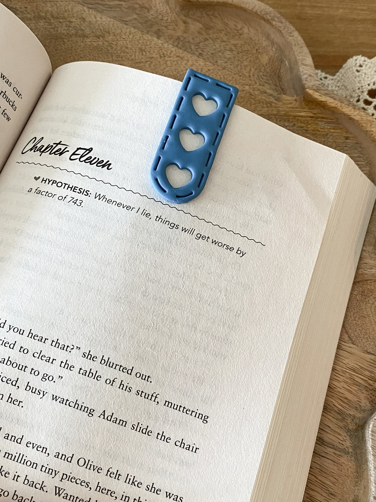 Large blue heart handmade polymer clay bookmark