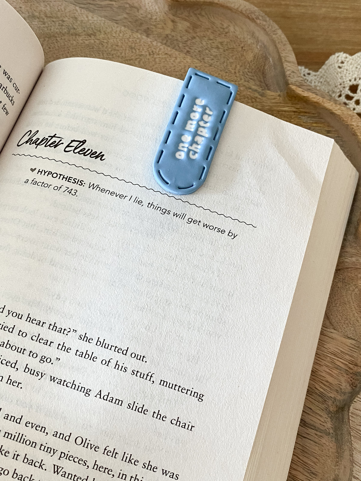 Large blue One More Chapter handmade polymer clay bookmark