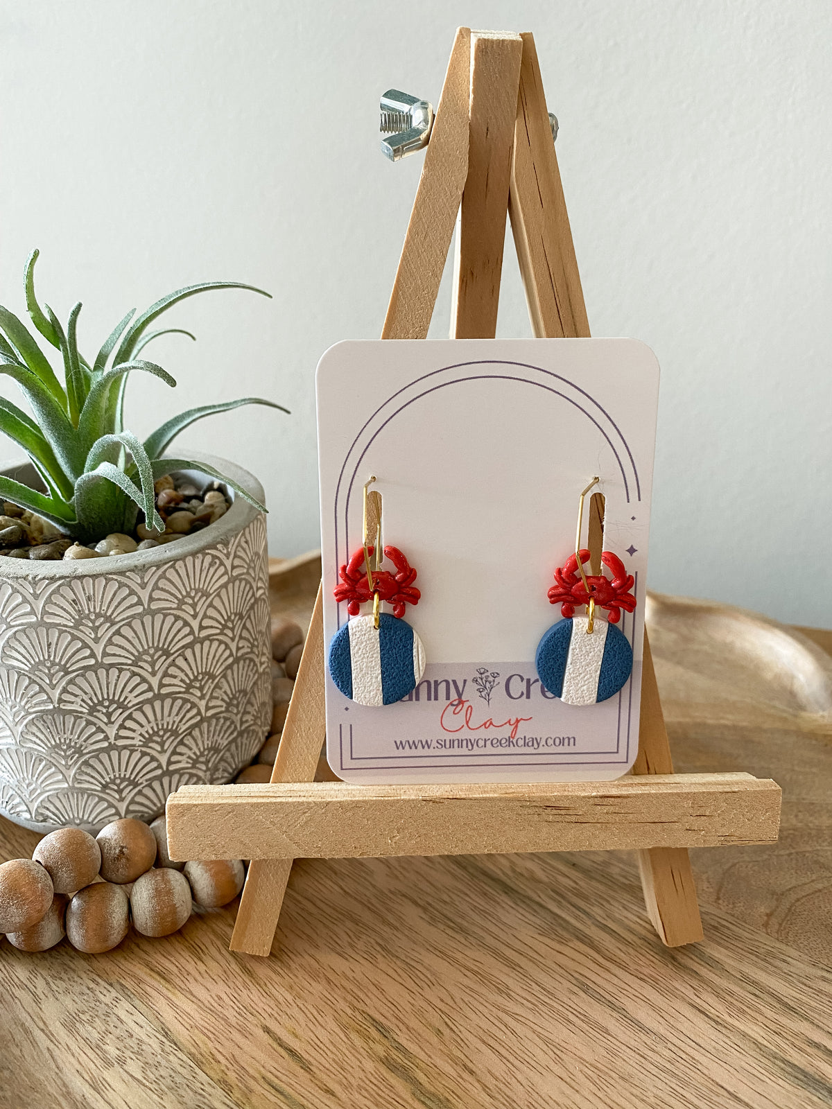 Blue & white striped crab handmade polymer clay earrings