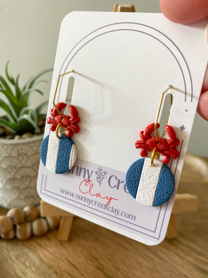 Blue & white striped crab handmade polymer clay earrings