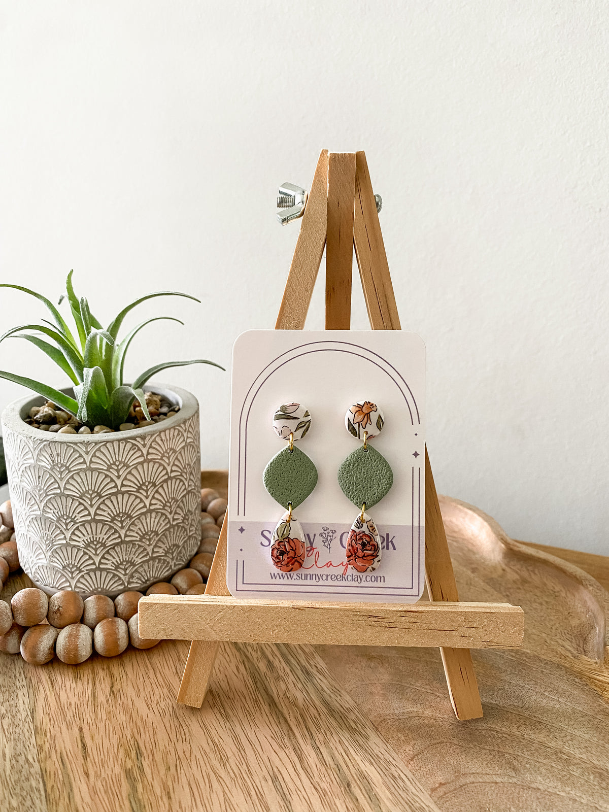 Soft pink and green floral handmade polymer clay earring collection