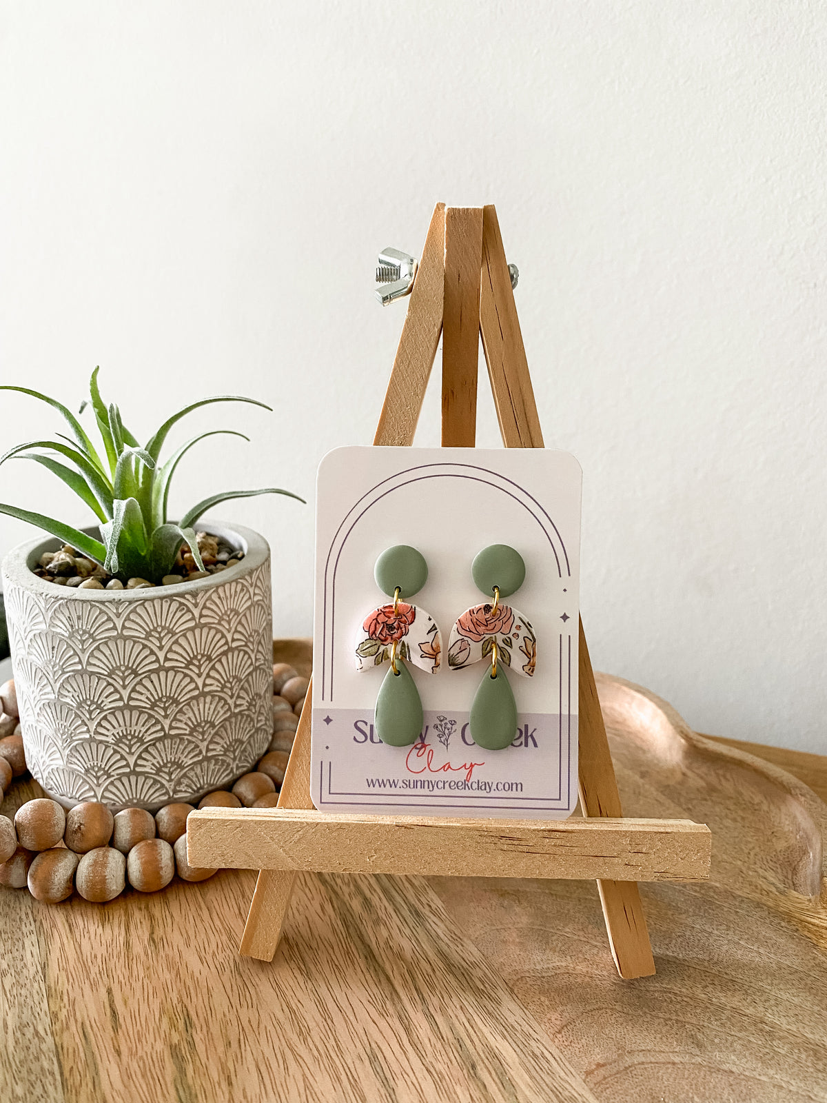 Soft pink and green floral handmade polymer clay earring collection
