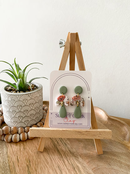 Soft pink and green floral handmade polymer clay earring collection