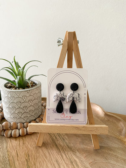 Black & white floral print handmade polymer clay earring collection