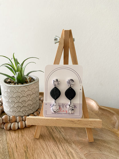 Black & white floral print handmade polymer clay earring collection