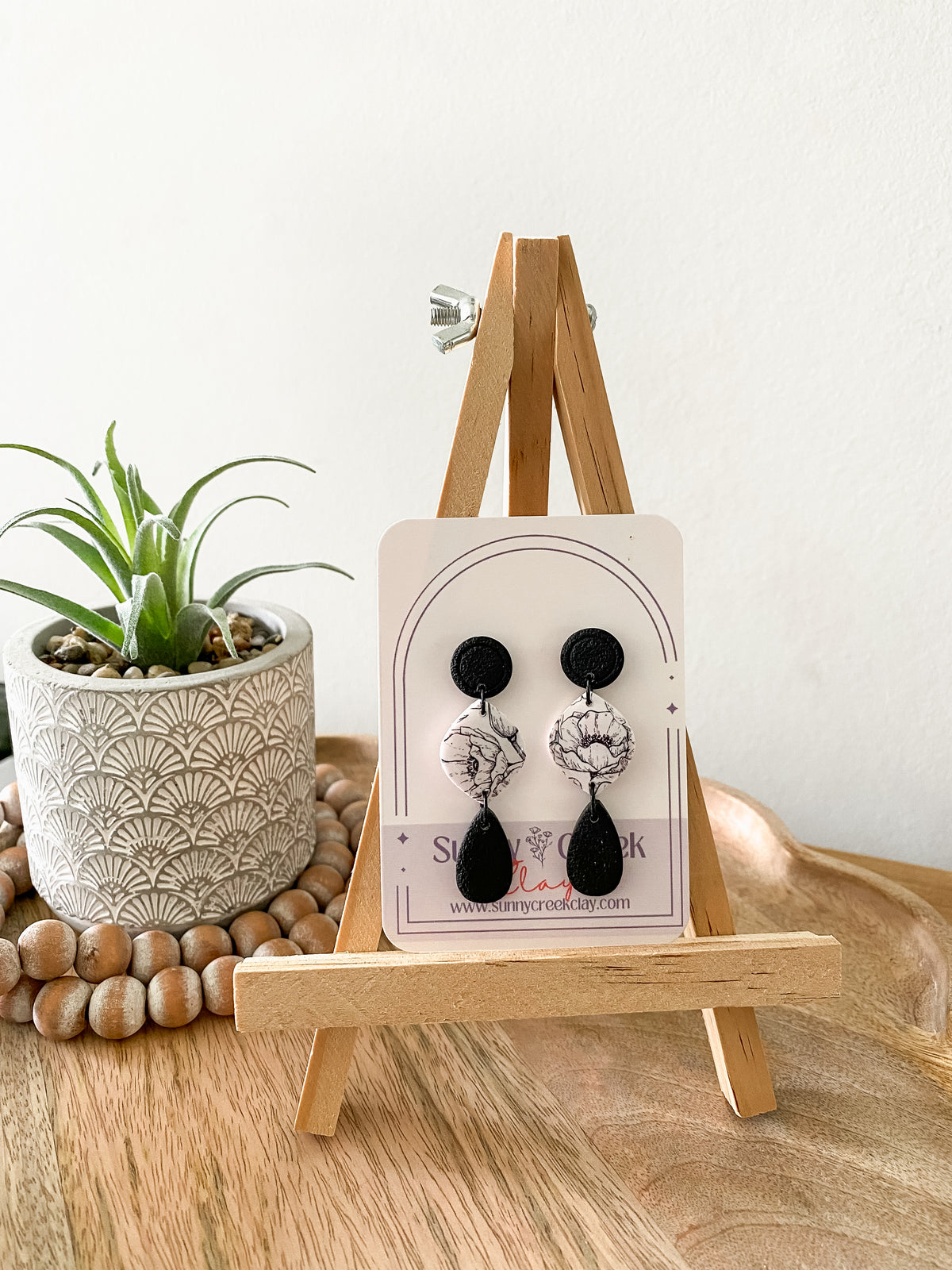 Black & white floral print handmade polymer clay earring collection