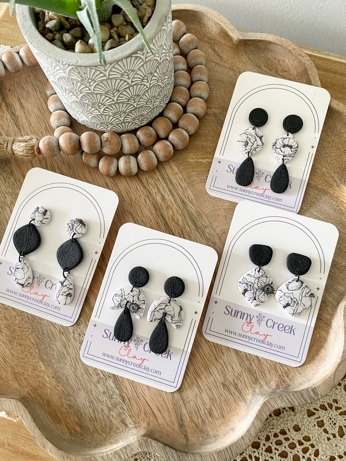 Black & white floral print handmade polymer clay earring collection