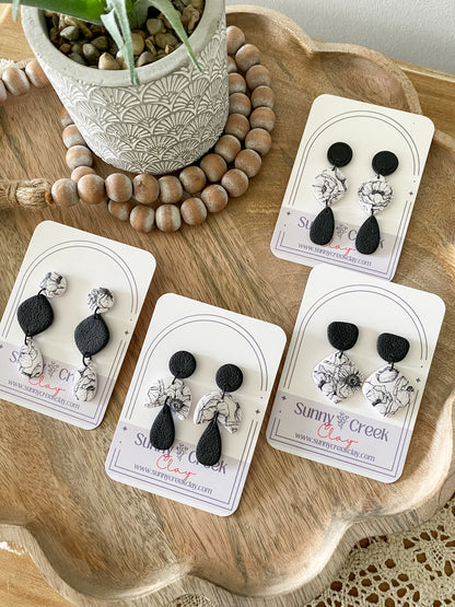 Black & white floral print handmade polymer clay earring collection