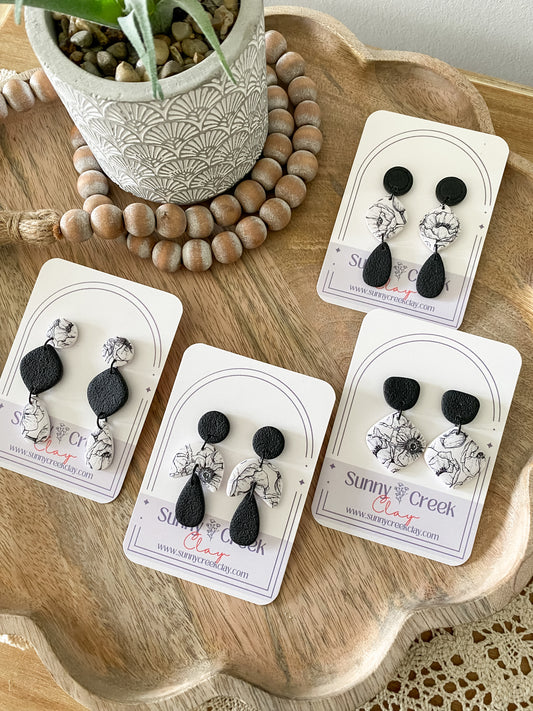 Black & white floral print handmade polymer clay earring collection