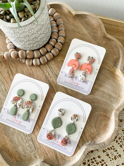 Soft pink and green floral handmade polymer clay earring collection