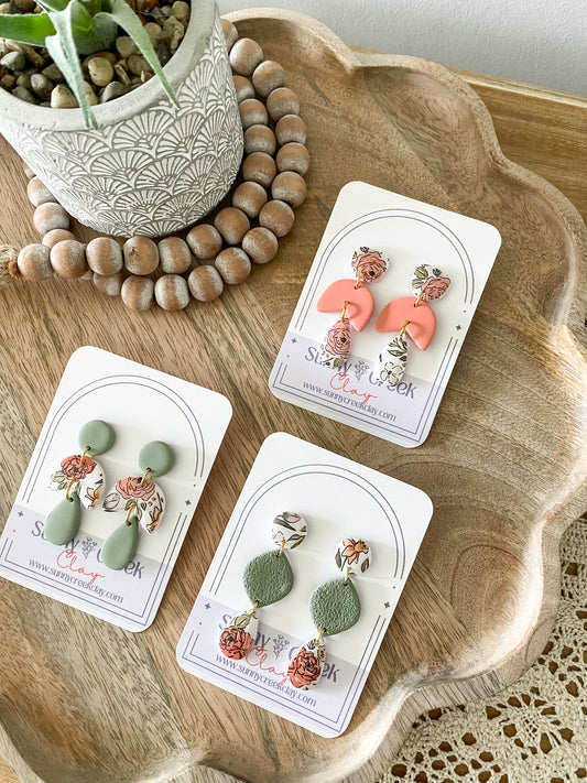 Soft pink and green floral handmade polymer clay earring collection
