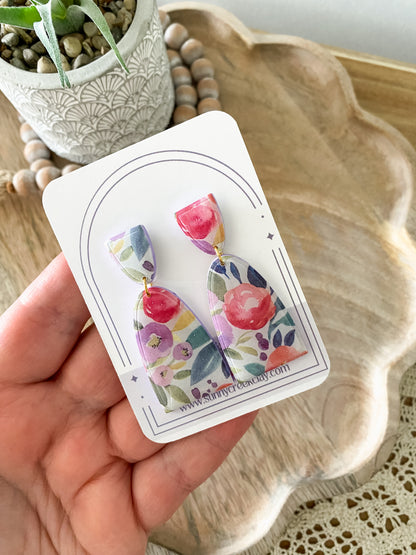 Purple & pink floral handmade polymer clay earrings