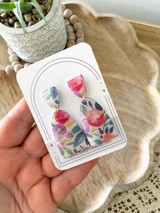 Purple & pink floral handmade polymer clay earrings