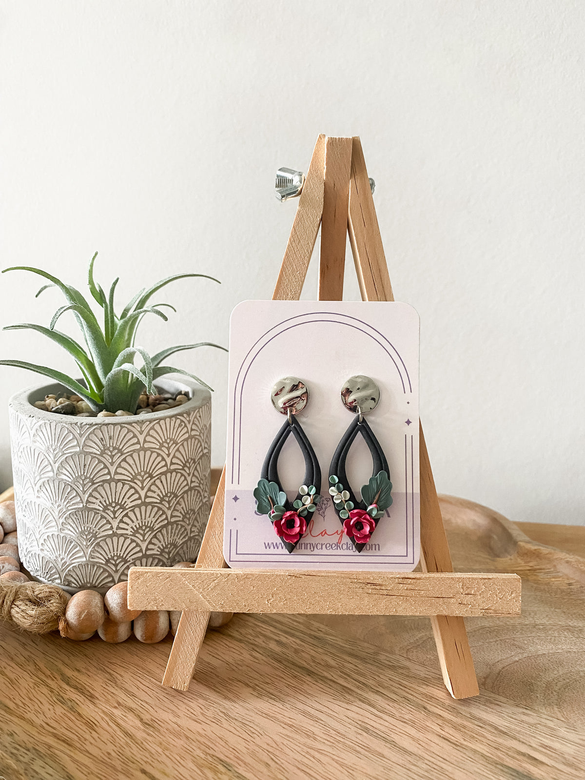 Black Floral Handmade Polymer Clay Earrings