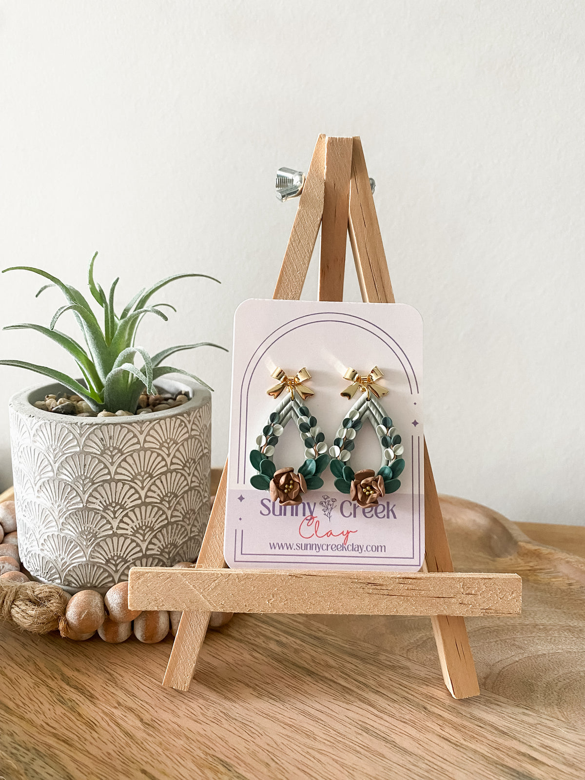 Sage green handmade floral polymer clay earrings
