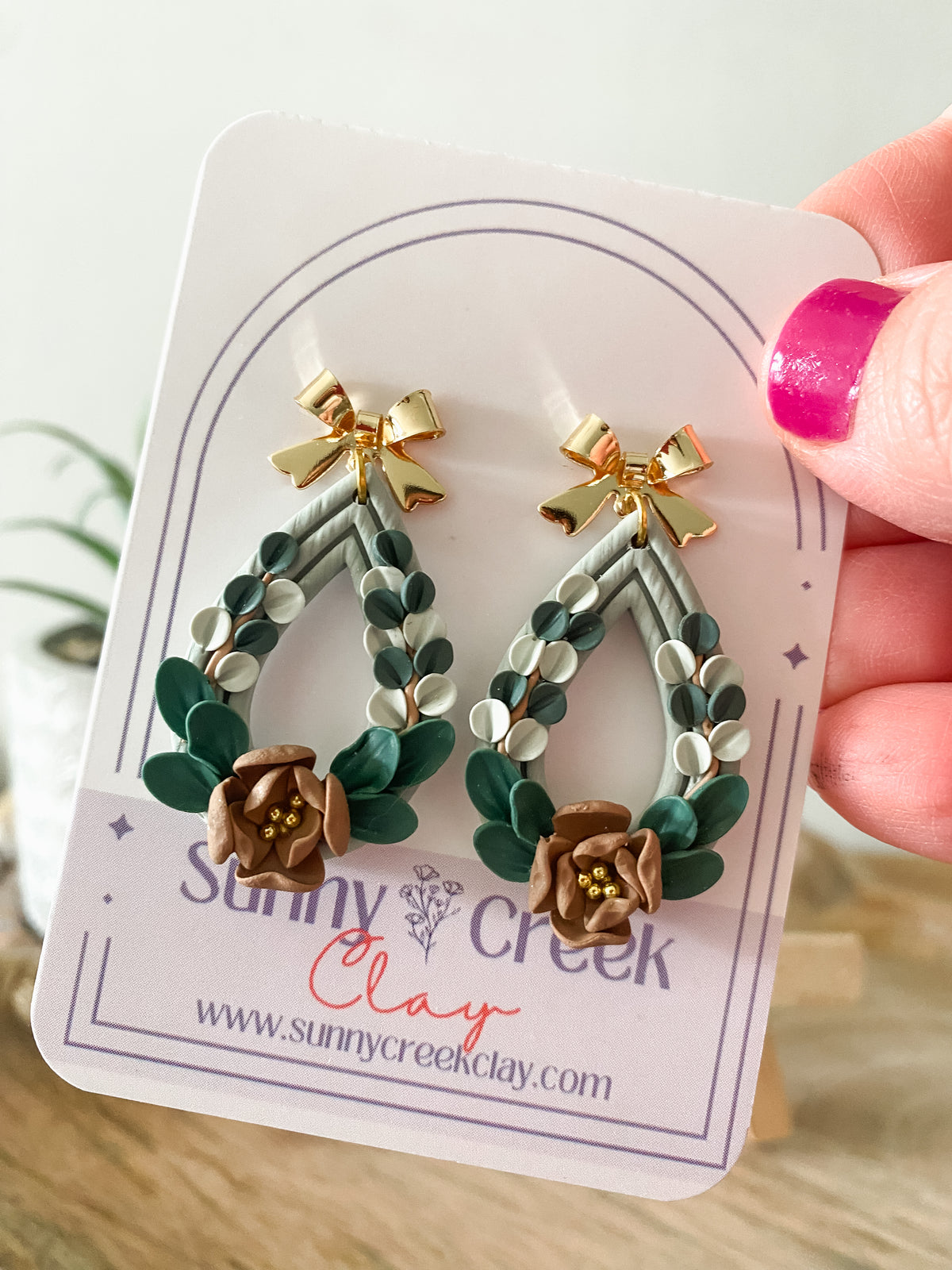 Sage green handmade floral polymer clay earrings